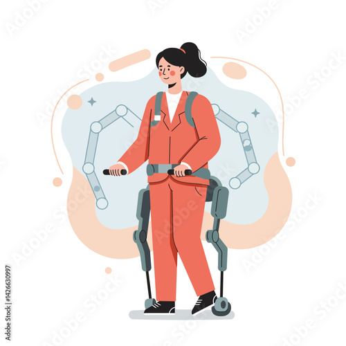 Woman using robotic exoskeleton suit for mobility assistance and rehabilitation in futuristic technology environment 