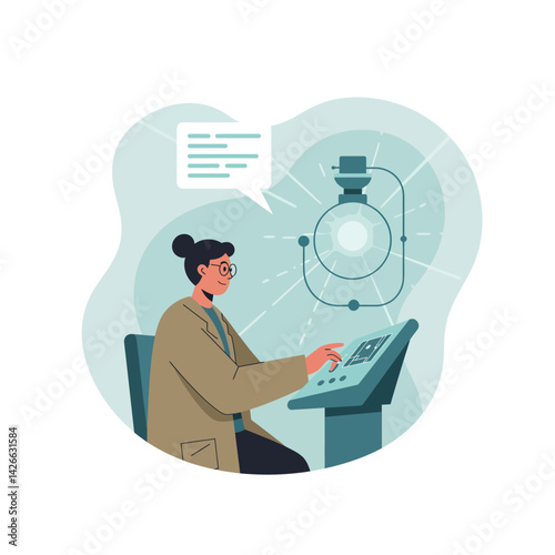 Female scientist working with advanced laboratory equipment and holographic molecular model in research lab vector illustration 
