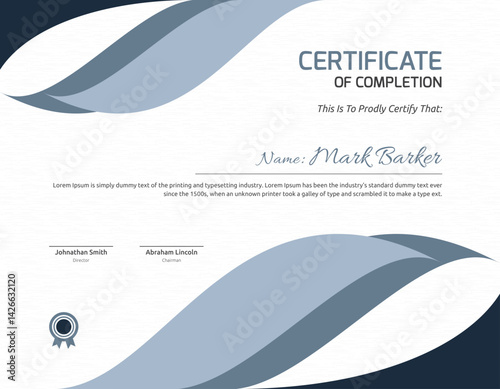 Elegant Certificate of Completion Design: A professionally designed certificate of completion template, showcasing a clean, modern aesthetic with flowing graphic elements.