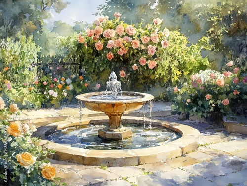 Peaceful garden patio with a fountain and blooming flowers.