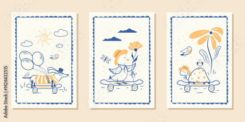 A set of modern hand-drawn posters. Vector illustrations with funny animals on a skateboard.