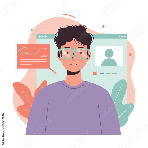 Young man with glasses working on computer with digital interface and chat bubble vector illustration in soft pastel tones 