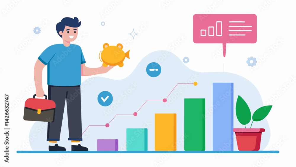 An illustrated timeline showing how a students savings have grown over time thanks to the help of a budgeting app.. Vector illustration An illustrated timeline showing how a students savings have grown over time thanks to the help of a budgeting app.. Vector illustration