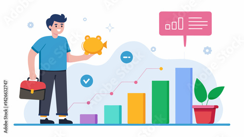 An illustrated timeline showing how a students savings have grown over time thanks to the help of a budgeting app.. Vector illustration