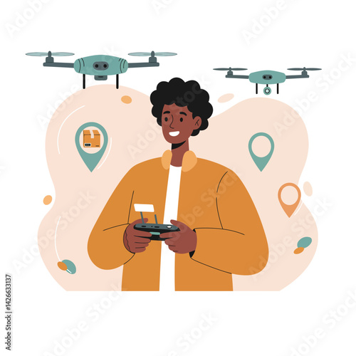 Man controlling drones with remote controller for aerial location tracking and navigation vector illustration 