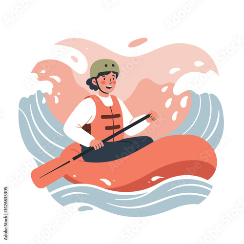 Kayaking person in orange kayak with paddle on blue water waves vector illustration 