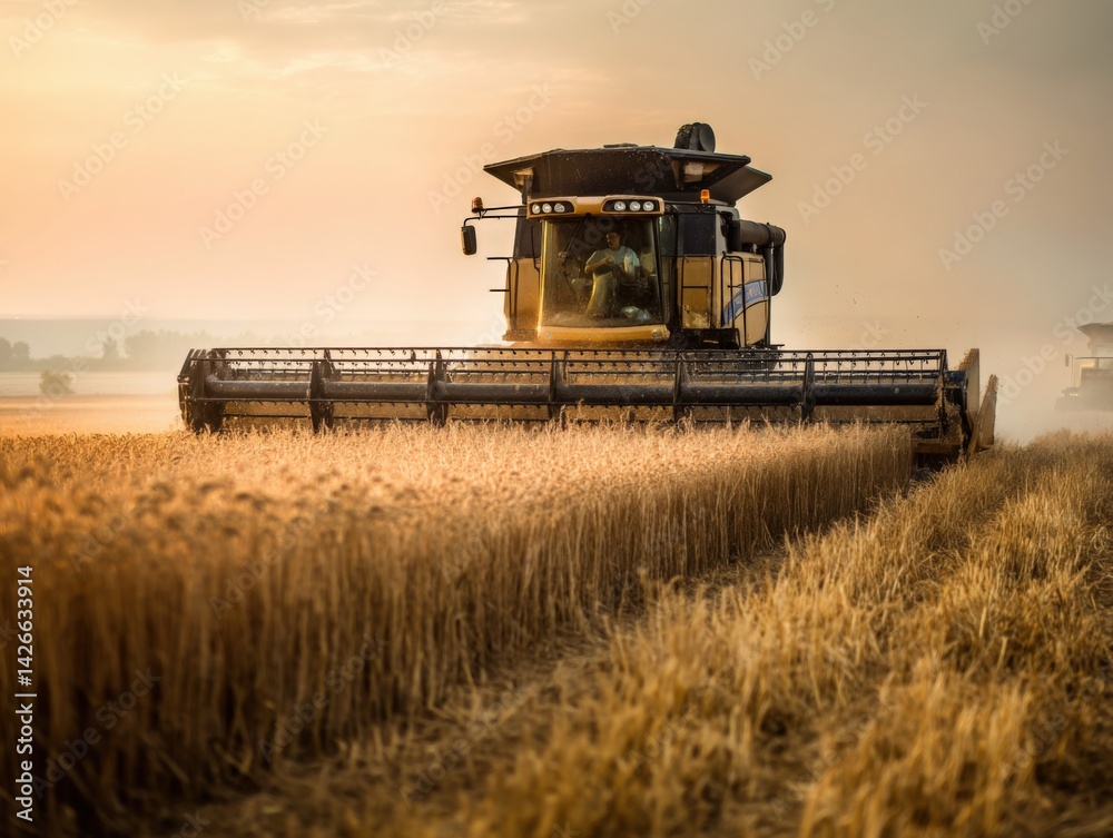 Fototapeta premium Powerful combine harvester working in golden wheat field at sunset, symbolizing harvest season and agricultural productivity. Ideal for farming publications, agricultural equipment ads, and rural life