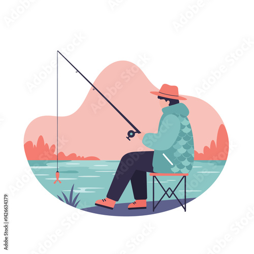 Man fishing by lake wearing hat and vest sitting on folding chair outdoor activity vector illustration 