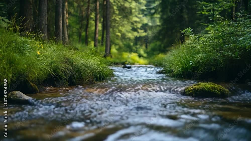 Serene forest stream flowing through lush greenery in tranquil nature Serene forest stream flowing through lush greenery in tranquil nature