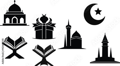 Islamic Icon Silhouettes Vector Set – Black Muslim Symbols Including Mosque, Dome, Quran on Rehal, Crescent with Star, Gift Box for Eid, Ramadan, and Religious Designs