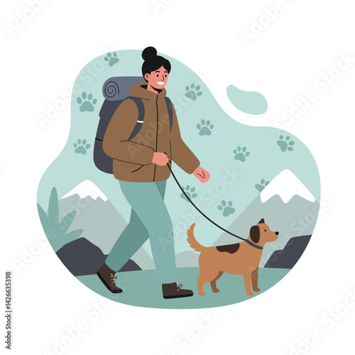 Woman hiking with dog on leash in outdoor mountain landscape with paw prints background vector illustration 