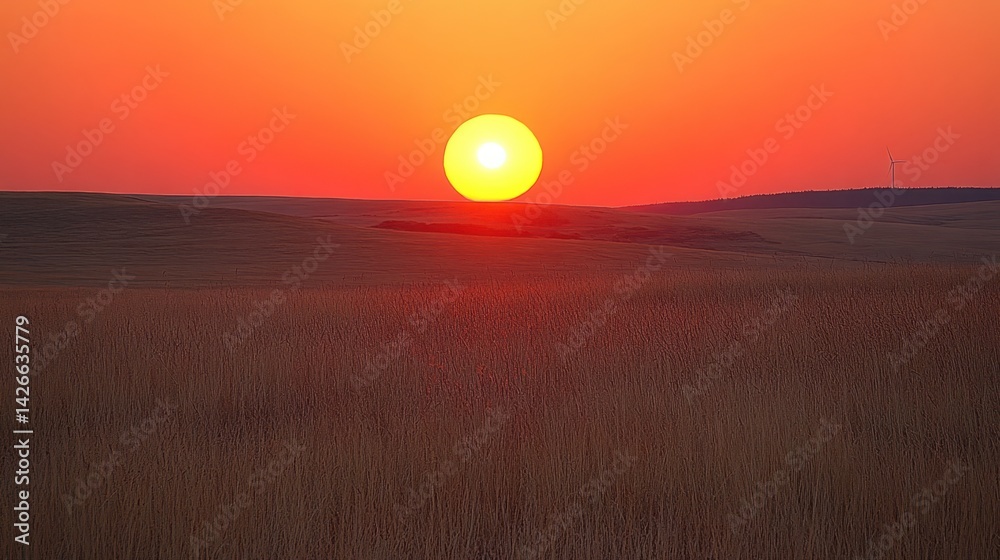 Fototapeta premium Fiery sunset over fields with a lone wind turbine