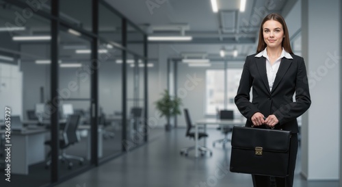 Wallpaper Mural Businesswoman smiling with briefcase in modern office setting   Torontodigital.ca