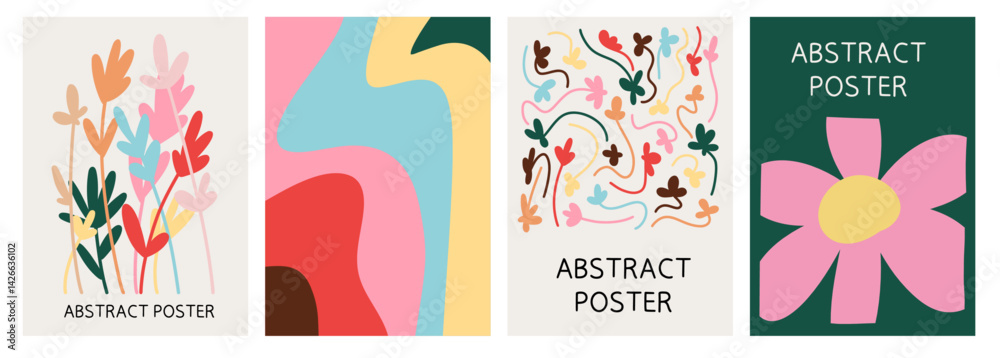 Background Poster Set for Spring Summer Botanical With Abstract Leaves, Flowers and Plants. Colourful Modern Minimalist Art Design Templates