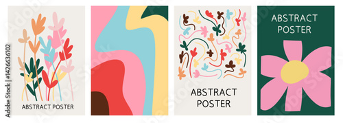 Background Poster Set for Spring Summer Botanical With Abstract Leaves, Flowers and Plants. Colourful Modern Minimalist Art Design Templates