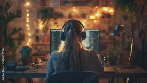 Digital Serenity: A woman immersed in her work at a desk bathed in the soft glow of a cozy, inviting workspace, headphones on, computer illuminated, suggesting a sanctuary of productivity.