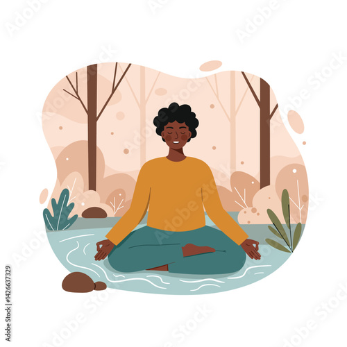 Meditation in autumn forest with person sitting cross-legged in peaceful nature scene vector illustration 
