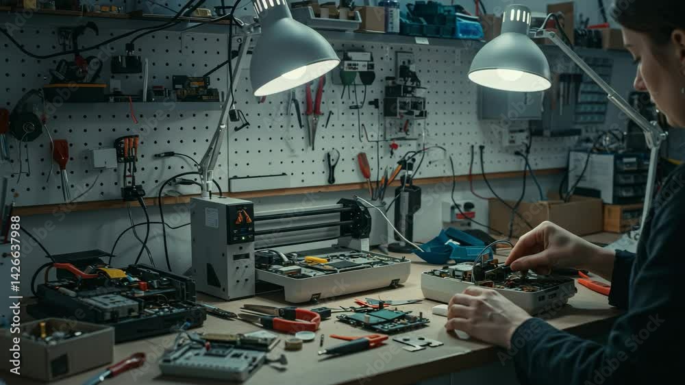 Focused technician repairing electronic circuit boards under workbench lights, showcasing precision, innovation, and hands-on engineering skills