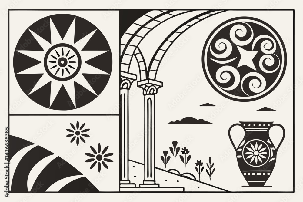 102 Abstract geometric shapes, black and white icons, minimal design elements, tribal patterns, ancient symbols, nature-inspired motifs, sun and wave icons, spiral forms, floral silhouettes, architect