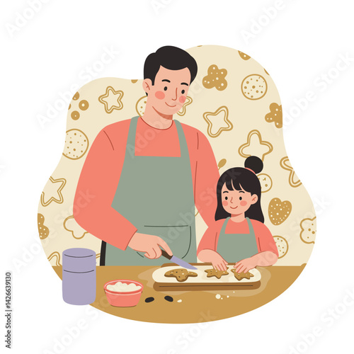 Father and daughter baking cookies together in kitchen with festive cookie cutter shapes family activity vector illustration 