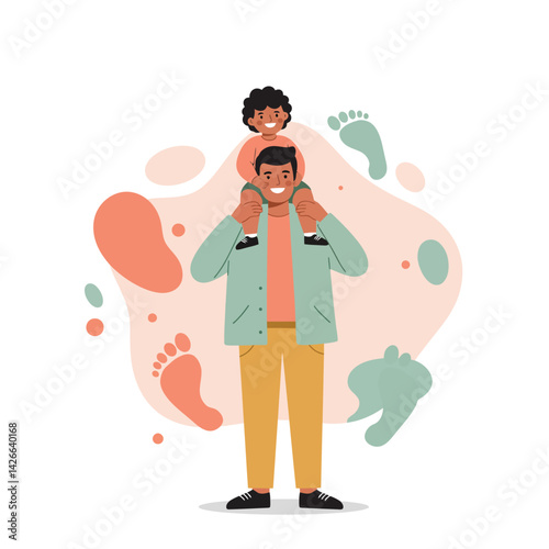 Father carrying son on shoulders with colorful footprints background vector illustration in joyful family moment 