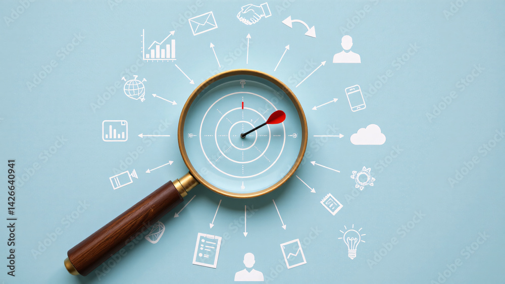 Fototapeta premium Magnifying Glass on Strategy Icons Targeting Growth and Business Success on Light Blue Background