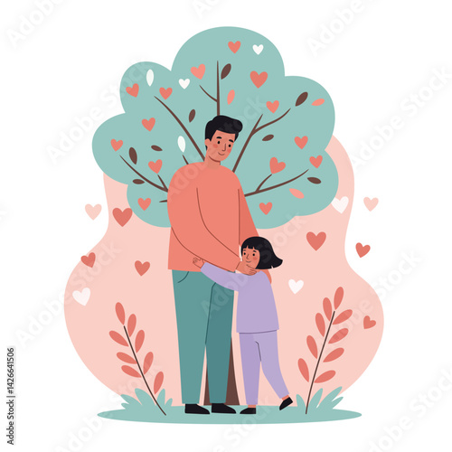 Father and daughter hugging under tree with heart shapes in pastel colors vector illustration 