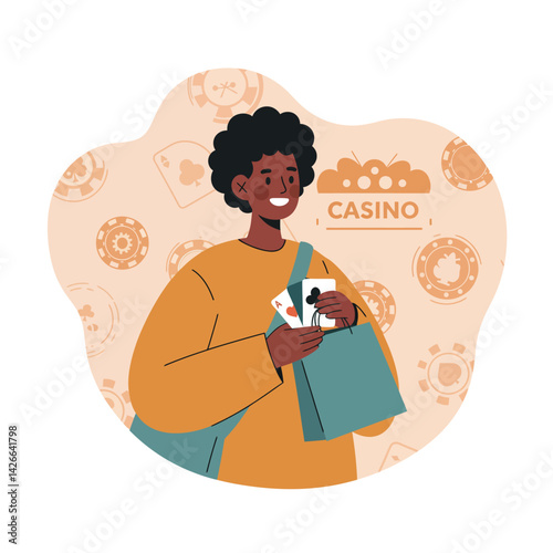 Young man holding playing cards and chips in casino setting with warm tones vector illustration 