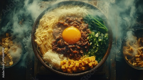 Steamed rice bowl with beef, egg, noodles, and vegetables