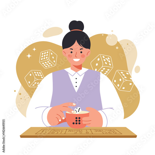 Woman playing board game with dice and joyful expression in casual outfit vector illustration 