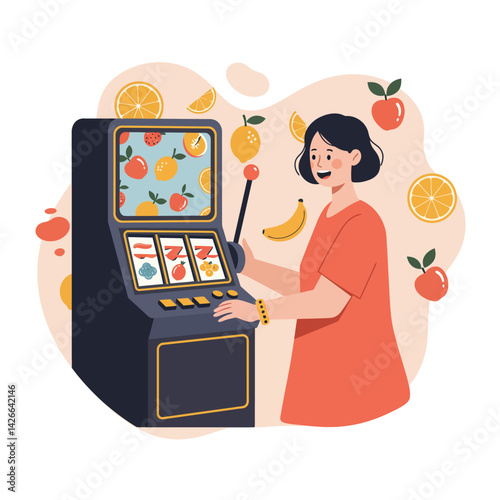 Woman Playing Fruit Themed Slot Machine Casino Game Entertainment Fun and Luck Illustration 