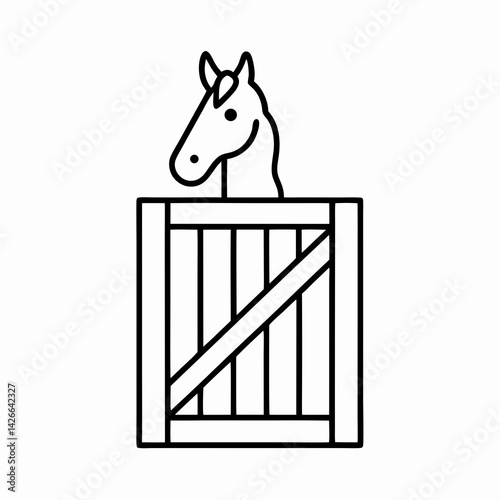 Clean outline of a stable door with a horse head peeking out, symbolizing daily stable life and horse interaction.