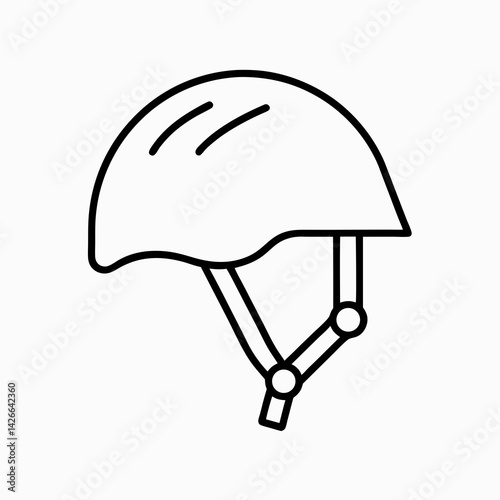 Minimalist line icon of a riding helmet with chin strap, representing standard protective gear in horseback riding.