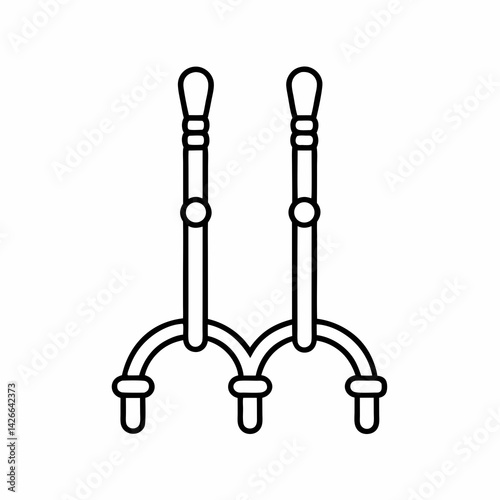 Clean line icon of a double bridle shown from the side, with curved reins and detailed bit rings, for use in precise dressage riding.