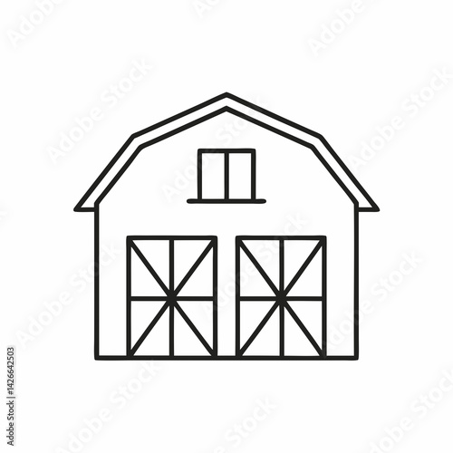 Minimalist line icon of a barn with a triangular roof and central doors, representing rural life and stable environments.