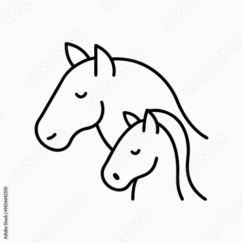 Minimalist line icon of a mare nuzzling her foal, representing maternal bond and gentle horse communication.