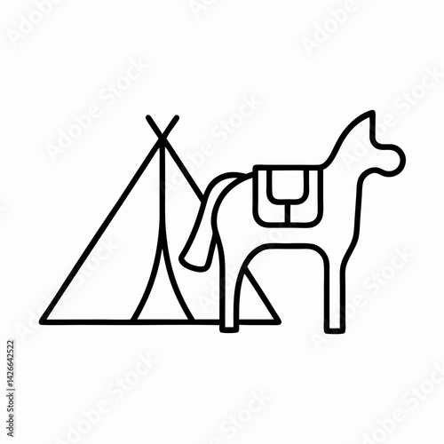 Minimalist line icon of a horse with saddle bags standing in profile, symbolizing trekking, travel, and outdoor riding.