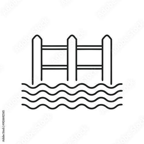 Monochrome icon of a water jump with wave lines under a horizontal bar, used in jumping courses and eventing.