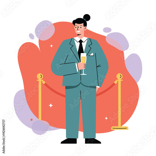 Man in formal suit holding champagne glass celebrating at upscale party or event illustration vector 