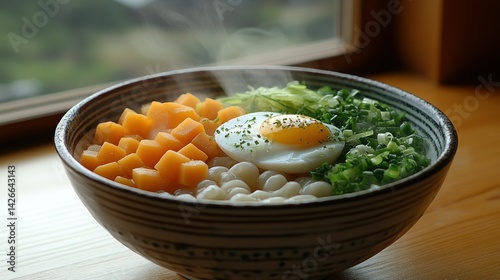 Steaming bowl of hot noodles with vegetables and egg