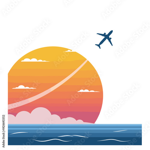 Airplane flying above sunset over ocean