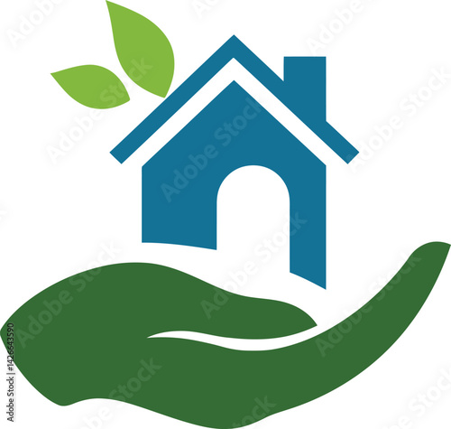 Vector Illustration of an Eco-Friendly House Supported by a Green Hand, Featuring Two Leaves on the Roof to Symbolize Sustainable Living and Environmental Care