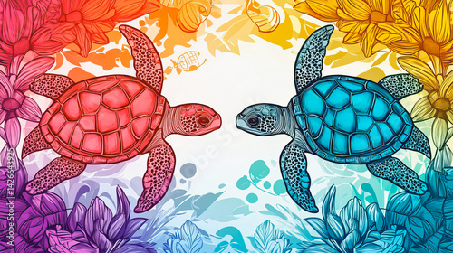 Bright color picture of underwater world with two turtles for kids