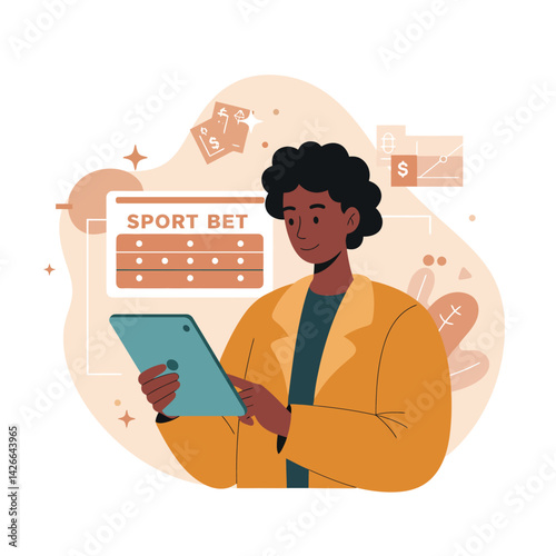Young man using tablet for sport betting online digital technology and finance concept illustration 