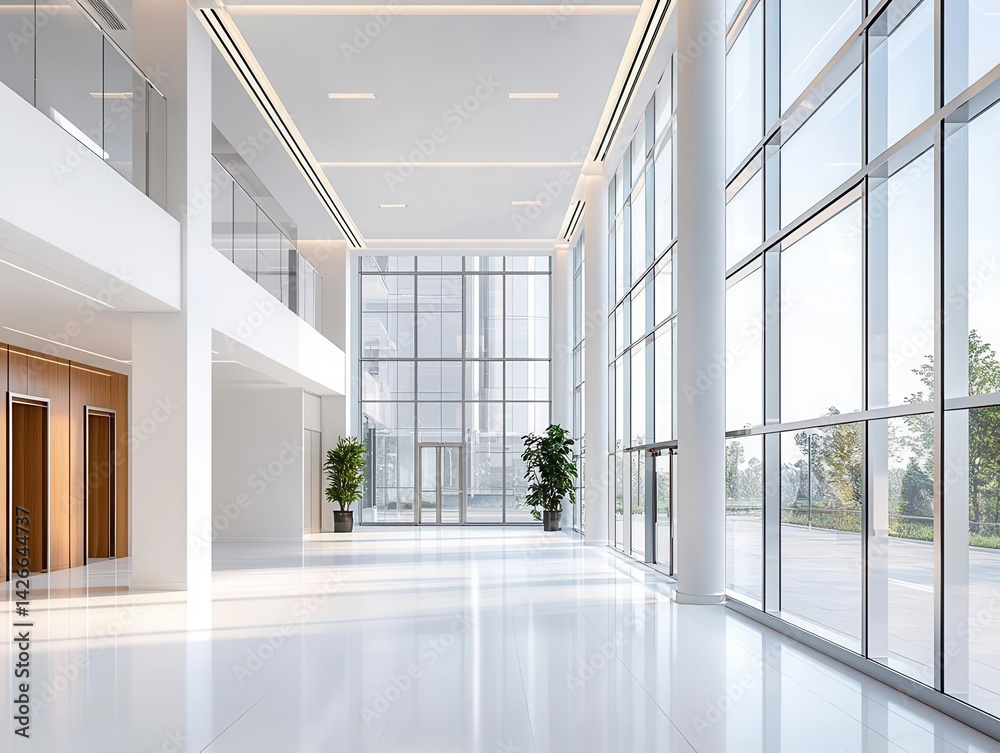 Fototapeta premium Floortoceiling stainless steel pivot windows with frameless hinges, soft light reflection, and modern luxury