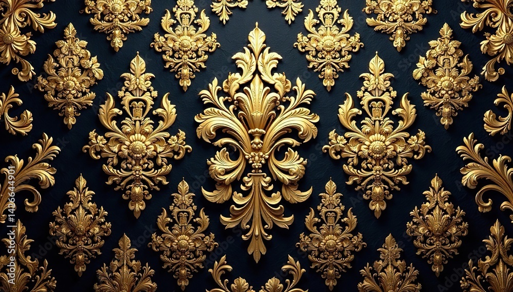Intricate floral damask pattern in elegant gold hues , embroidery, image, texture Intricate floral damask pattern in elegant gold hues , embroidery, image, texture