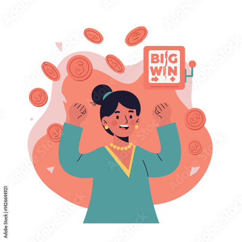 Woman celebrating big win with coins and slot machine jackpot vector illustration in cheerful style 