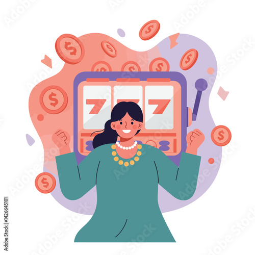 Woman celebrating winning jackpot on slot machine with sevens and falling coins vector illustration 