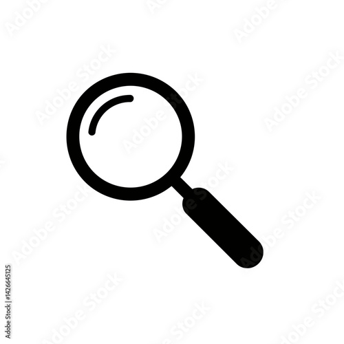 A bold magnifying glass icon its circular lens revealing a curved reflection rests against a stark white backdrop
