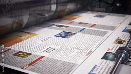 Newspaper printing press conveyor belt. Breaking news.